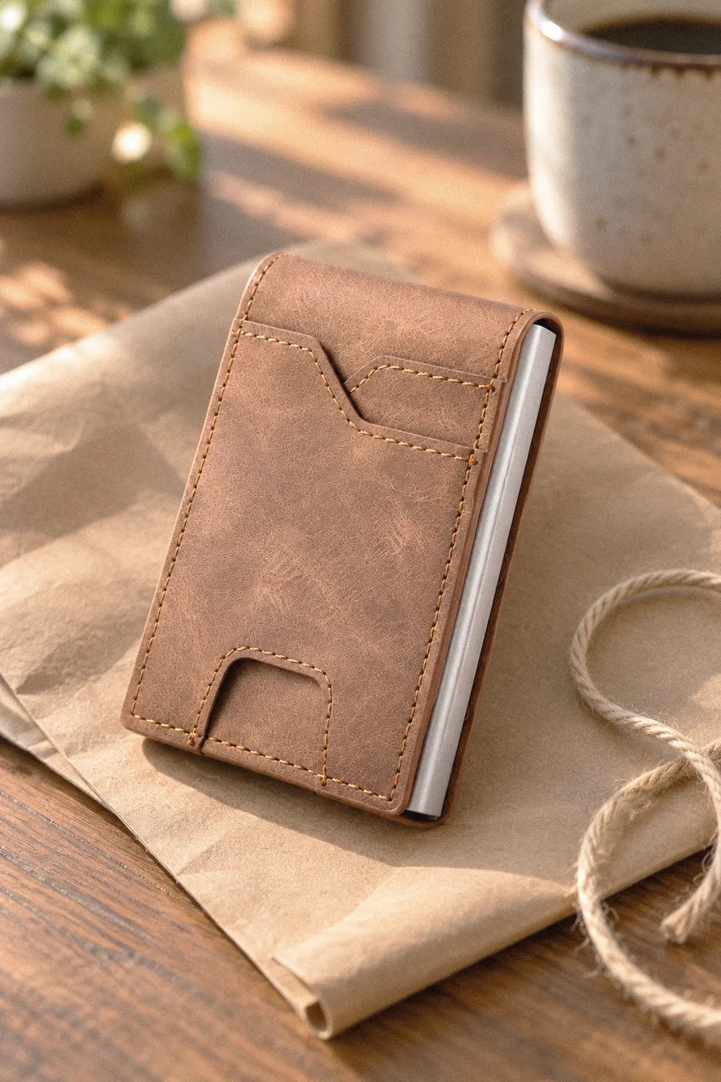 A Foldwell wallet in Brown resting on kraft paper with twine beside it